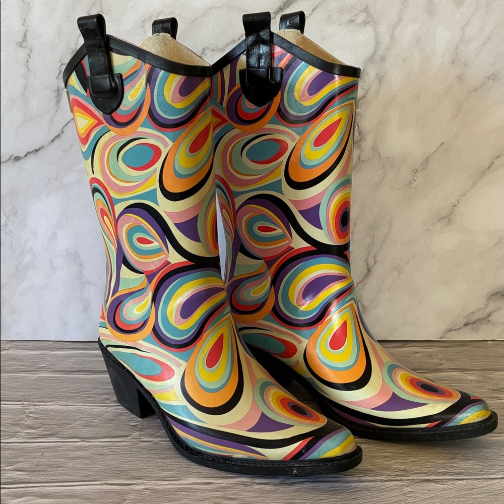 Suko Colorful Retro-Print Women's Psychedelic Multi-Colored Welly Rain Boots